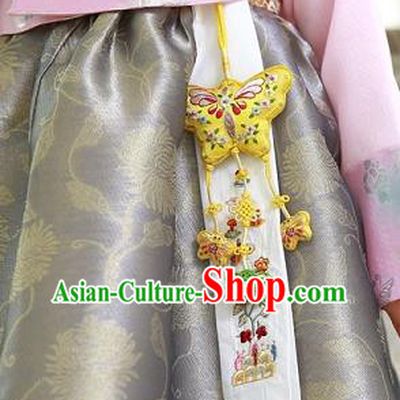 Traditional Korean Accessories Embroidered Butterfly Waist Pendant, Asian Korean Fashion Wedding Yellow Tassel Waist Decorations for Women