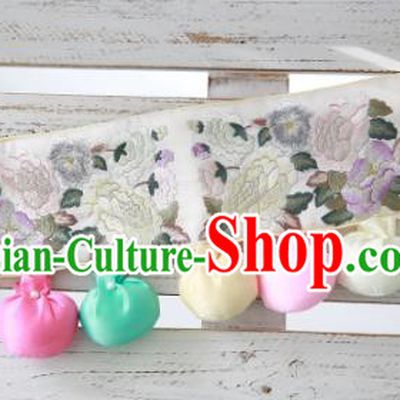 Traditional Korean Accessories Embroidered Flowers Beige Waist Belts, Asian Korean Fashion Hanbok Waistband Decorations for Kids