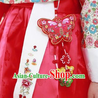 Traditional Korean Accessories Embroidered Butterfly Waist Pendant, Asian Korean Fashion Wedding Red Tassel Waist Decorations for Women