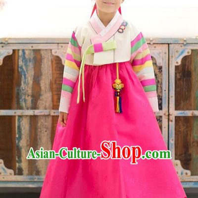 Asian Korean National Traditional Handmade Formal Occasions Girls Embroidery Hanbok Costume White Blouse and Rosy Dress Complete Set for Kids