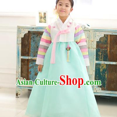 Asian Korean National Traditional Handmade Formal Occasions Girls Embroidery Hanbok Costume White Blouse and Green Dress Complete Set for Kids