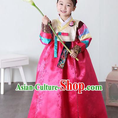 Asian Korean National Traditional Handmade Formal Occasions Girls Embroidery Hanbok Costume Yellow Blouse and Rosy Dress Complete Set for Kids