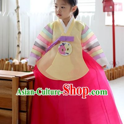 Asian Korean National Traditional Handmade Formal Occasions Girls Embroidery Hanbok Costume Yellow Blouse and Pink Dress Complete Set for Kids