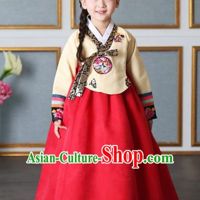 Asian Korean National Traditional Handmade Formal Occasions Girls Embroidery Hanbok Costume Yellow Blouse and Red Dress Complete Set for Kids