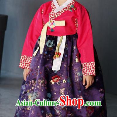 Asian Korean National Traditional Handmade Formal Occasions Girls Embroidery Hanbok Costume Red Blouse and Purple Dress Complete Set for Kids