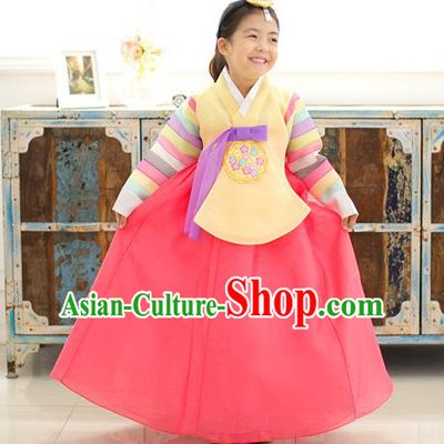 Asian Korean National Traditional Handmade Formal Occasions Girls Embroidery Hanbok Costume Yellow Blouse and Red Dress Complete Set for Kids