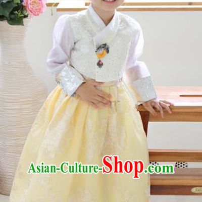 Asian Korean National Traditional Handmade Formal Occasions Girls Embroidery Hanbok Costume White Blouse and Yellow Dress Complete Set for Kids