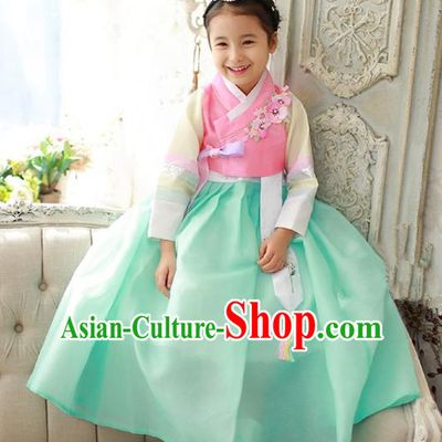 Korean National Handmade Formal Occasions Girls Embroidery Hanbok Costume Pink Blouse and Green Dress Complete Set for Kids