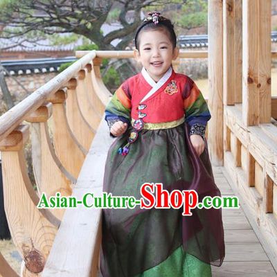 Traditional Korean National Handmade Formal Occasions Girls Embroidery Hanbok Costume Red Blouse and Green Dress Complete Set for Kids
