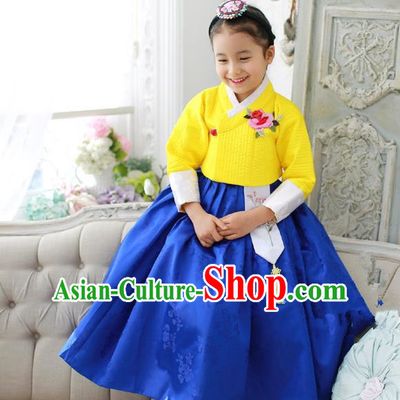 Korean National Handmade Formal Occasions Girls Embroidery Hanbok Costume Yellow Blouse and Blue Dress Complete Set for Kids