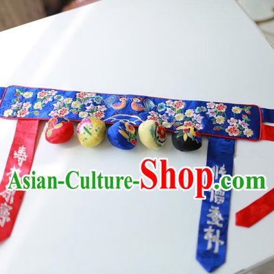 Traditional Korean Accessories Embroidered Flowers Blue Waist Belts, Asian Korean Fashion Hanbok Waistband Decorations for Kids