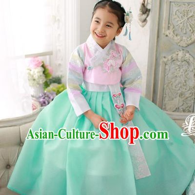Korean National Handmade Formal Occasions Girls Embroidery Hanbok Costume Pink Blouse and Green Dress for Kids