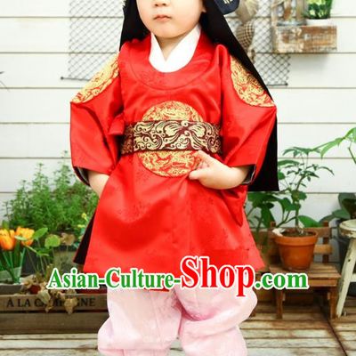 Asian Korean National Traditional Handmade Formal Occasions Emperor Embroidery Red Hanbok Costume Dragon Robe Complete Set for Kids