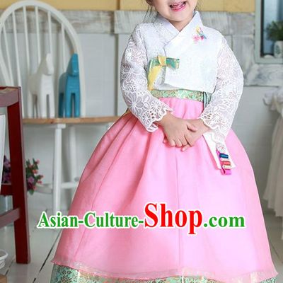 Traditional Korean National Handmade Formal Occasions Girls Hanbok Costume Embroidered White Lace Blouse and Pink Dress for Kids