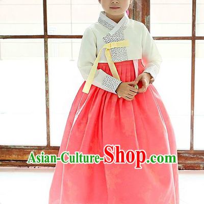Traditional Korean National Handmade Formal Occasions Girls Hanbok Costume Embroidered White Blouse and Orange Dress for Kids