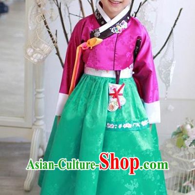 Traditional Korean National Handmade Formal Occasions Girls Hanbok Costume Embroidered Rosy Blouse and Green Dress for Kids