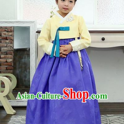 Traditional Korean National Handmade Formal Occasions Girls Hanbok Costume Embroidered Yellow Blouse and Blue Dress for Kids