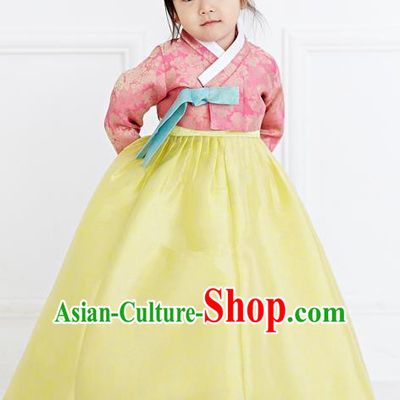Traditional Korean National Handmade Formal Occasions Girls Hanbok Costume Embroidered Pink Blouse and Yellow Dress for Kids