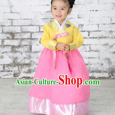 Traditional Korean National Handmade Formal Occasions Girls Hanbok Costume Embroidered Yellow Blouse and Pink Dress for Kids