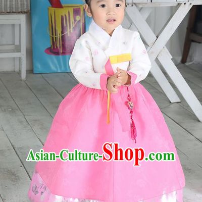 Traditional Korean National Handmade Formal Occasions Girls Palace Hanbok Costume Embroidered White Blouse and Pink Dress for Kids