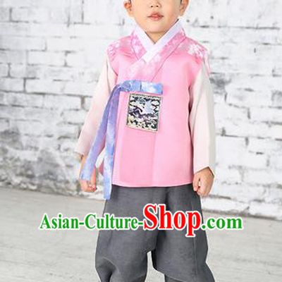 Asian Korean National Traditional Handmade Formal Occasions Boys Embroidery Light Pink Hanbok Costume Complete Set for Kids