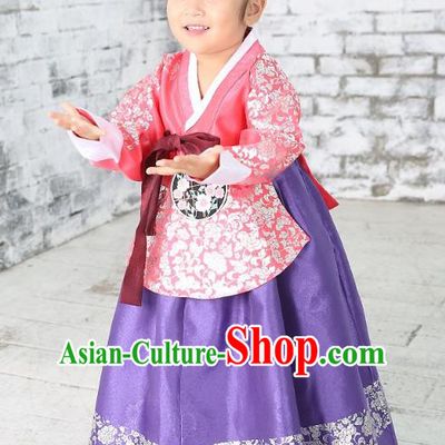 Traditional Korean National Handmade Formal Occasions Girls Palace Hanbok Costume Embroidered Red Blouse and Purple Dress for Kids