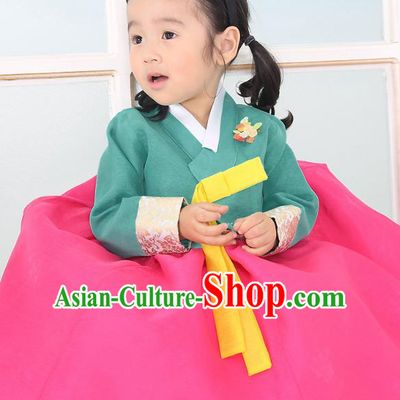 Traditional Korean National Handmade Formal Occasions Embroidered Green Blouse and Rosy Dress Girls Palace Hanbok Costume for Kids