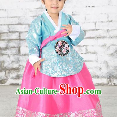 Traditional Korean National Handmade Formal Occasions Embroidered Blue Blouse and Pink Dress Girls Palace Hanbok Costume for Kids