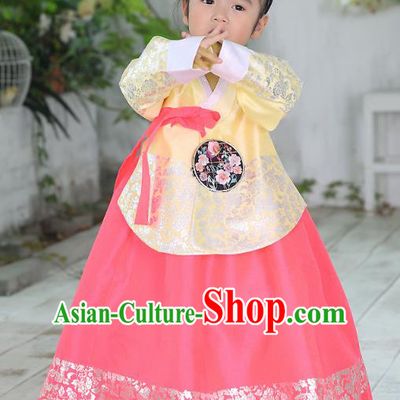 Traditional Korean National Handmade Formal Occasions Embroidered Yellow Blouse and Pink Dress Girls Palace Hanbok Costume for Kids