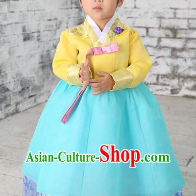 Traditional Korean National Handmade Formal Occasions Embroidered Yellow Blouse and Blue Dress Girls Palace Hanbok Costume for Kids