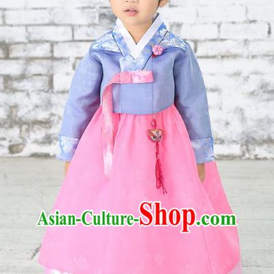 Traditional Korean National Handmade Formal Occasions Embroidered Blue Blouse and Pink Dress Girls Palace Hanbok Costume for Kids