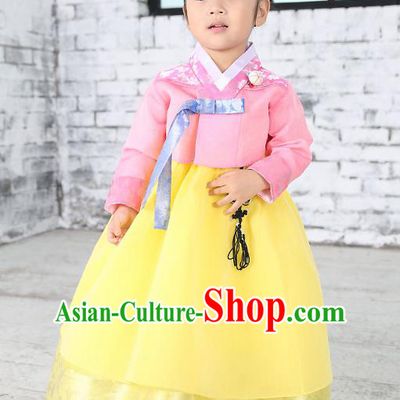 Traditional Korean National Handmade Formal Occasions Embroidered Pink Blouse and Yellow Dress Girls Palace Hanbok Costume for Kids