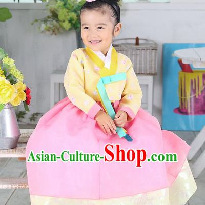 Traditional Korean National Handmade Formal Occasions Embroidered Yellow Blouse and Pink Dress Girls Palace Hanbok Costume for Kids