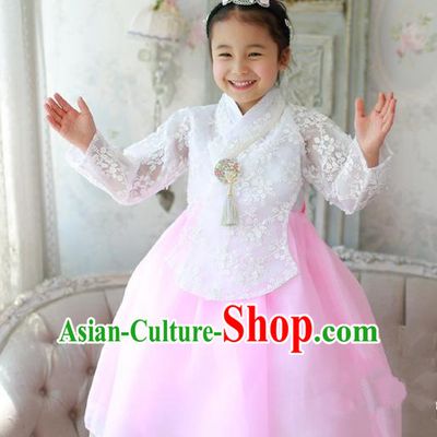 Korean National Handmade Formal Occasions Embroidered White Lace Blouse and Pink Dress, Asian Korean Girls Palace Hanbok Costume for Kids