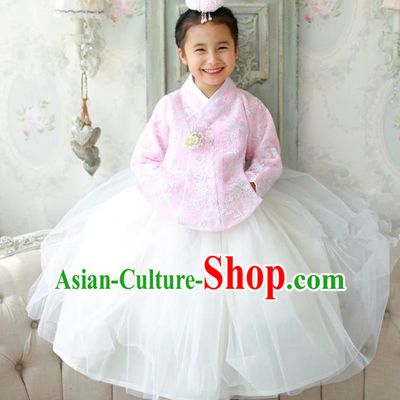 Korean National Handmade Formal Occasions Embroidered Pink Lace Blouse and White Dress, Asian Korean Girls Palace Hanbok Costume for Kids