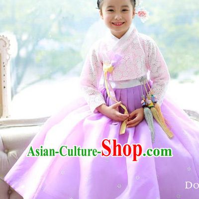 Korean National Handmade Formal Occasions Embroidered Pink Blouse and Purple Dress, Asian Korean Girls Palace Hanbok Costume for Kids