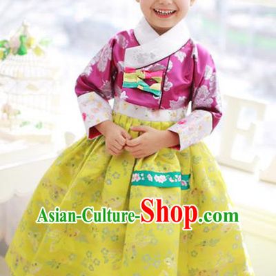 Korean National Handmade Formal Occasions Embroidered Rosy Blouse and Yellow Dress Hanbok Costume for Kids