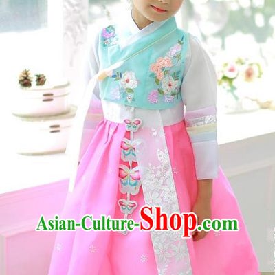 Korean National Handmade Formal Occasions Embroidered Blue Blouse and Pink Dress Hanbok Costume for Kids