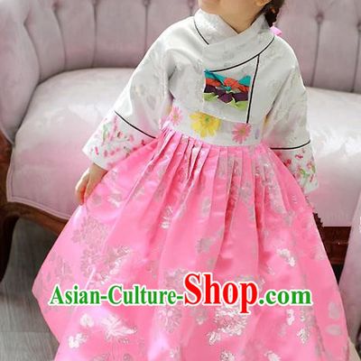 Korean National Handmade Formal Occasions Embroidered White Blouse and Pink Dress Hanbok Costume for Kids