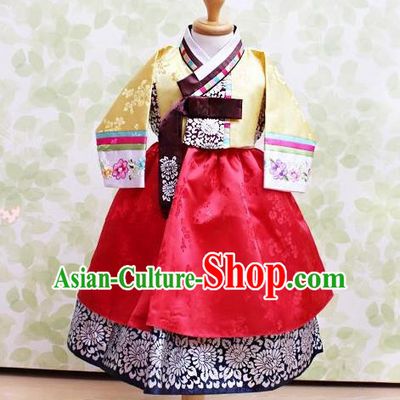 Korean National Handmade Formal Occasions Embroidered Yellow Blouse and Red Dress Hanbok Costume for Kids