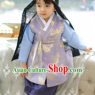 Asian Korean National Traditional Handmade Formal Occasions Boys Embroidery Lilac Hanbok Costume Complete Set for Kids