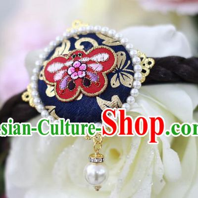 Traditional Korean Hair Accessories Embroidered Butterfly Deep Blue Hair Clasp, Asian Korean Wedding Hanbok Hair Decorations Headwear for Kids
