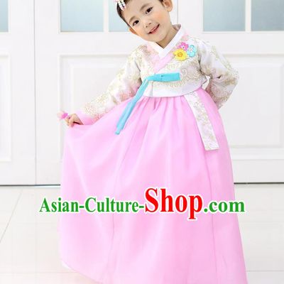 Korean National Handmade Formal Occasions Embroidered White Lace Blouse and Pink Dress, Asian Korean Girls Palace Hanbok Costume for Kids