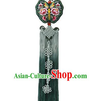 Traditional Korean Accessories Embroidered Waist Pendant Chinese Knot Palace Taeniasis, Asian Korean Wedding Hanbok Green Tassel Waist Decorations for Women