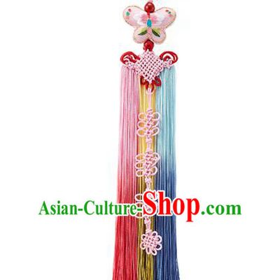 Traditional Korean Accessories Embroidered Pink Butterfly Waist Pendant Chinese Knot Palace Taeniasis, Asian Korean Wedding Hanbok Tassel Waist Decorations for Women