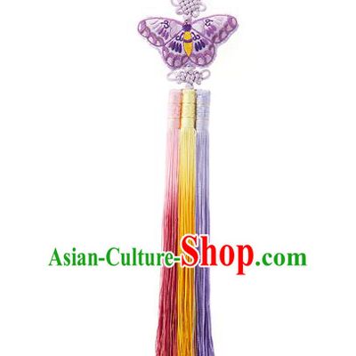 Traditional Korean Accessories Embroidered Purple Butterfly Waist Pendant Chinese Knot Palace Taeniasis, Asian Korean Wedding Hanbok Tassel Waist Decorations for Women