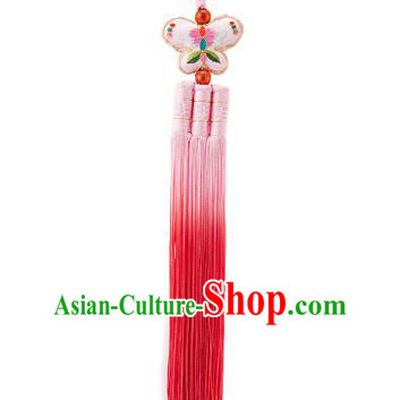 Traditional Korean Accessories Embroidered Butterfly Waist Pendant Chinese Knot Palace Taeniasis, Asian Korean Wedding Hanbok Pink Tassel Waist Decorations for Women