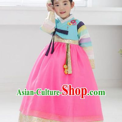 Asian Korean National Handmade Formal Occasions Embroidered Blue Blouse and Pink Dress Hanbok Costume for Kids