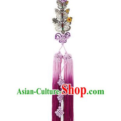 Korean National Belts Accessories Bride Wedding Butterfly Waist Pendant, Asian Korean Hanbok Purple Tassel Waist Decorations for Women