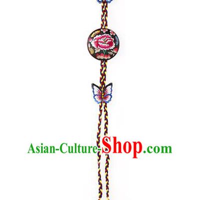 Korean National Belts Accessories Bride Wedding Hanbok Embroidered Peony Butterfly Tassel Waist Pendant, Asian Korean Black Waist Decorations for Women